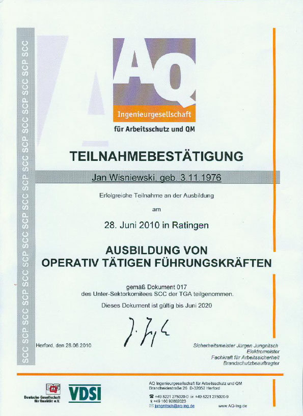 Zertifikat AQ Ingenieurgesellschaft